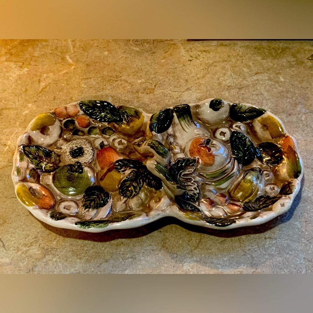 vtg1950 lefton majolica like fruits of italy 9.5" handled tray